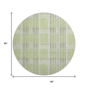 HomeRoots 8' Washable Round Rug in Artichoke Green, Ivory & Gray Plaid - Stain Resistant & UV Protected Design 678697