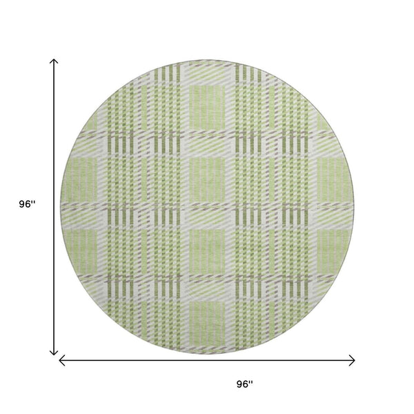 HomeRoots 8' Washable Round Rug in Artichoke Green, Ivory & Gray Plaid - Stain Resistant & UV Protected Design 678697