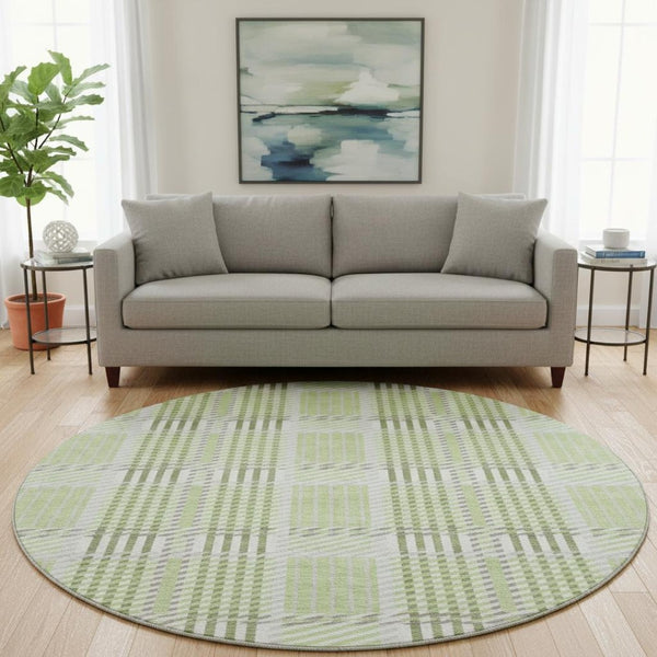 HomeRoots 8' Washable Round Rug in Artichoke Green, Ivory & Gray Plaid - Stain Resistant & UV Protected Design 678697