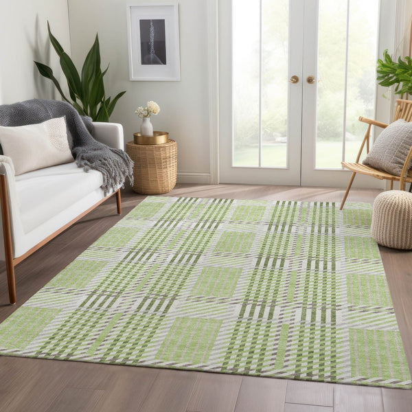 HomeRoots 8' X 10' Artichoke Green Plaid Area Rug – Washable, UV-Protected, Stylishly Durable for Homes with Kids 678698