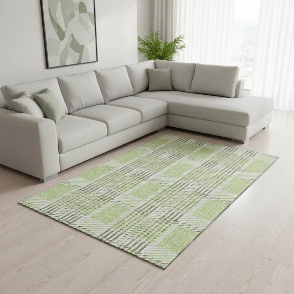 HomeRoots 9' X 12' Artichoke Green and Ivory Plaid Area Rug - Washable, UV Protected, Durable for Busy Homes 678699