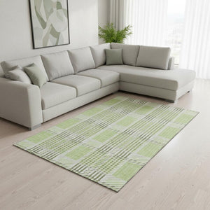 HomeRoots 9' X 12' Artichoke Green and Ivory Plaid Area Rug - Washable, UV Protected, Durable for Busy Homes 678699