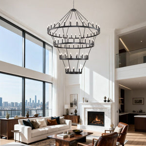 English Elm 69.3 Inch Four Tier Wagon Wheel Chandelier Matte Black Metal 80 Light Farmhouse Foyer W5008P392692