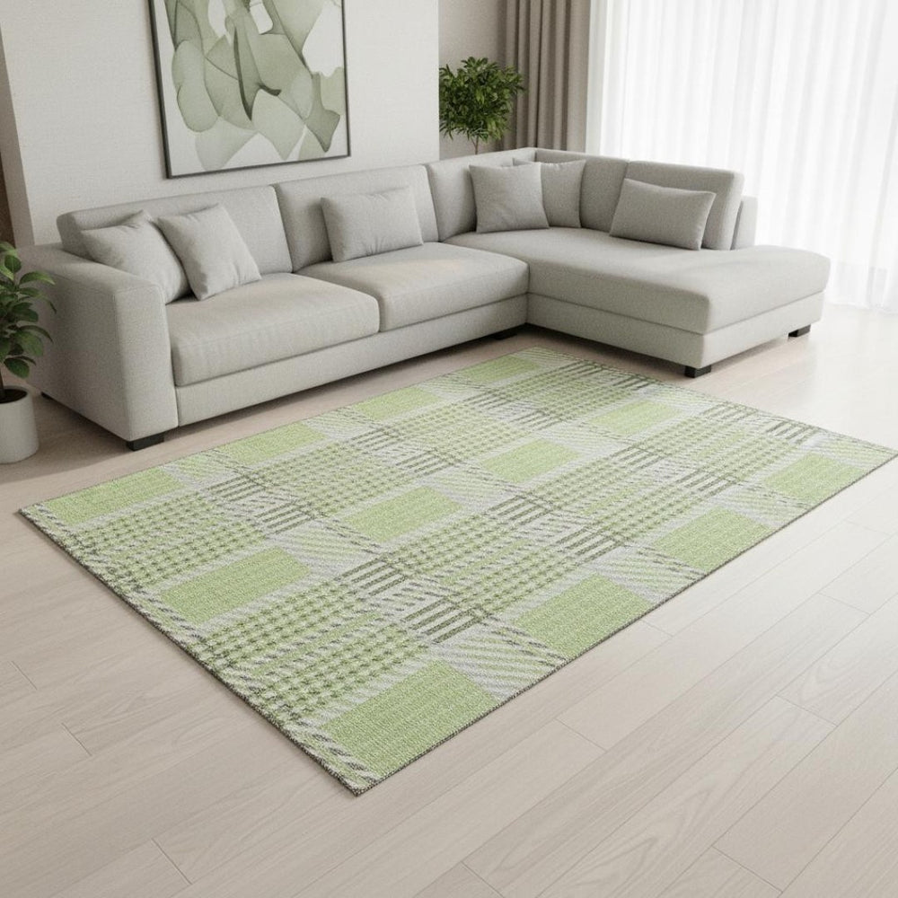 HomeRoots 10' X 14' Artichoke Green Plaid Washable Area Rug with UV Protection – Stylish, Durable & Easy Care! 678700