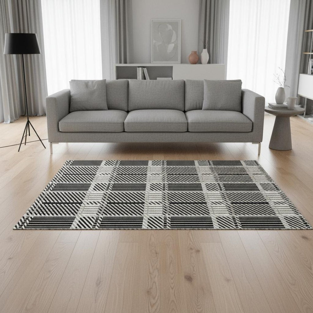 HomeRoots 5' X 8' Black Ivory Taupe Plaid Washable Area Rug - Durable, Stain-Resistant with UV Protection! 678702