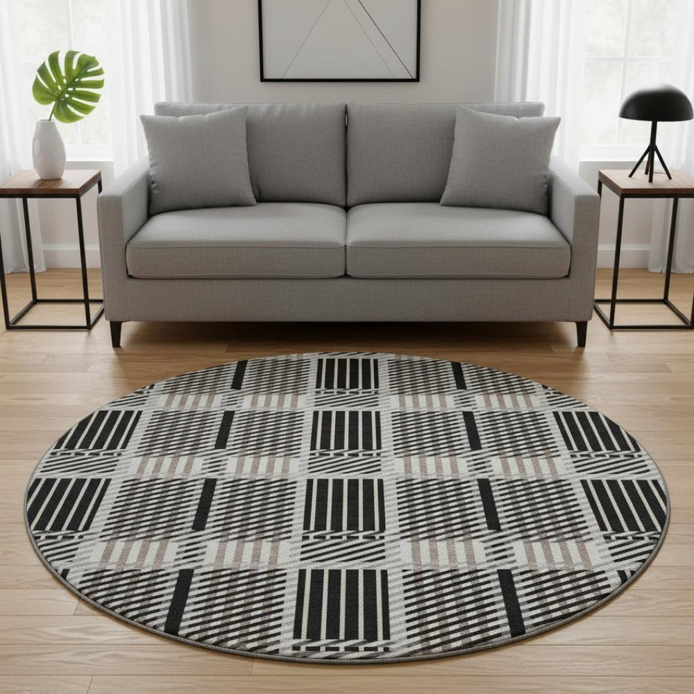 HomeRoots 8' Stylish Black, Ivory & Taupe Plaid Washable Round Rug - Durable, Stain Resistant, UV Protected 678703