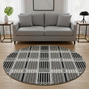 HomeRoots 8' Stylish Black, Ivory & Taupe Plaid Washable Round Rug - Durable, Stain Resistant, UV Protected 678703