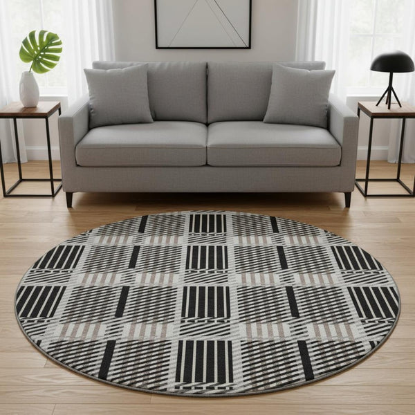 HomeRoots 8' Stylish Black, Ivory & Taupe Plaid Washable Round Rug - Durable, Stain Resistant, UV Protected 678703