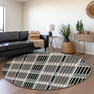 HomeRoots 8' Stylish Black, Ivory & Taupe Plaid Washable Round Rug - Durable, Stain Resistant, UV Protected 678703