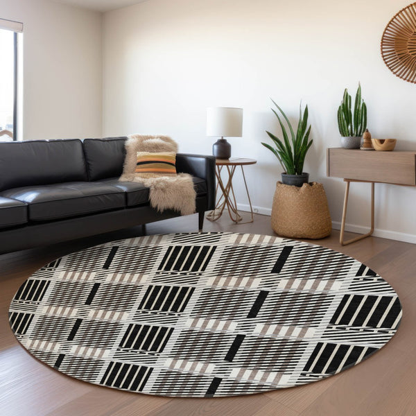 HomeRoots 8' Stylish Black, Ivory & Taupe Plaid Washable Round Rug - Durable, Stain Resistant, UV Protected 678703