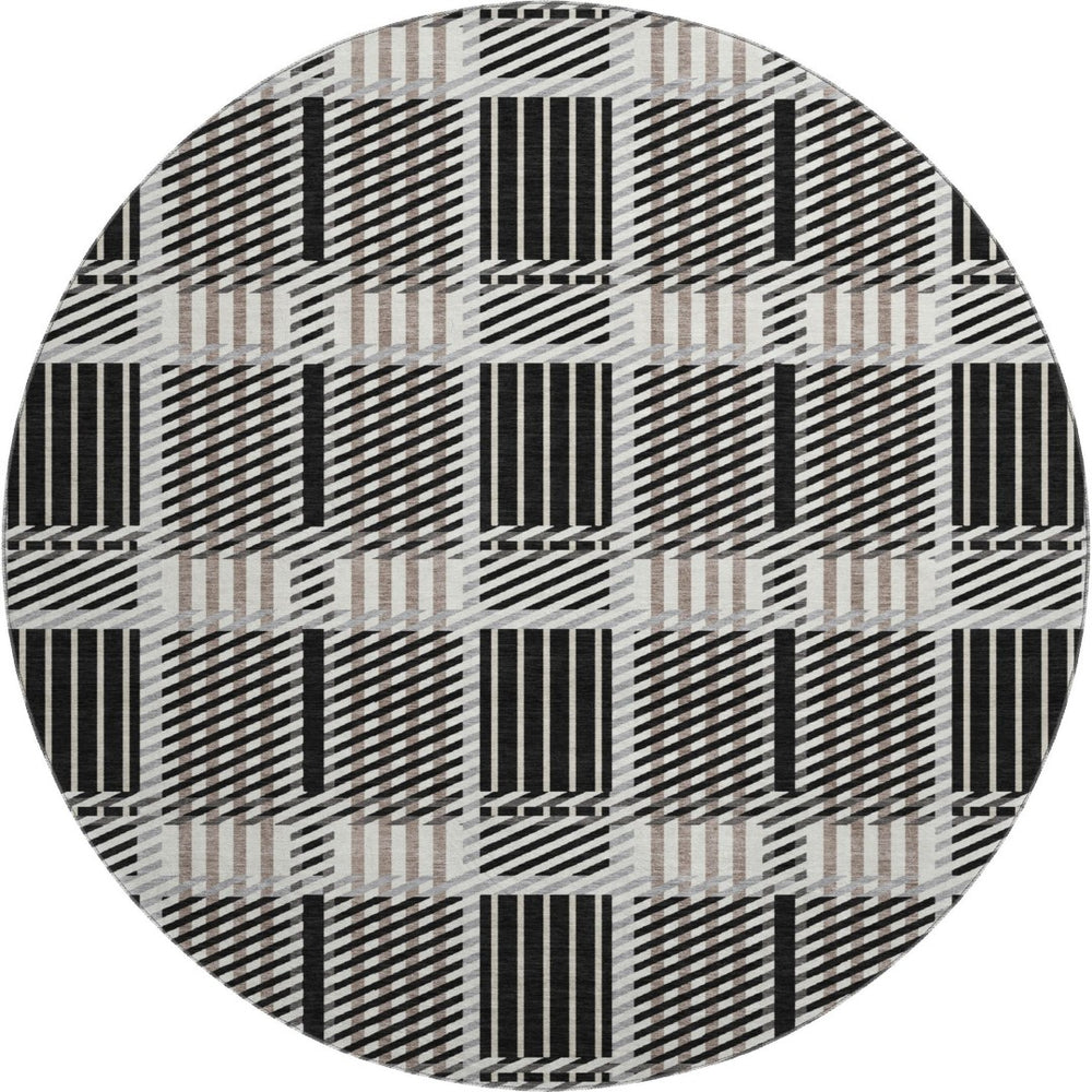 HomeRoots 8' Stylish Black, Ivory & Taupe Plaid Washable Round Rug - Durable, Stain Resistant, UV Protected 678703