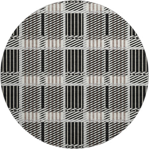 HomeRoots 8' Stylish Black, Ivory & Taupe Plaid Washable Round Rug - Durable, Stain Resistant, UV Protected 678703