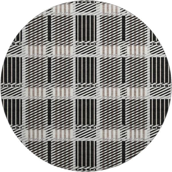 HomeRoots 8' Stylish Black, Ivory & Taupe Plaid Washable Round Rug - Durable, Stain Resistant, UV Protected 678703