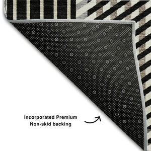 HomeRoots 8' Stylish Black, Ivory & Taupe Plaid Washable Round Rug - Durable, Stain Resistant, UV Protected 678703