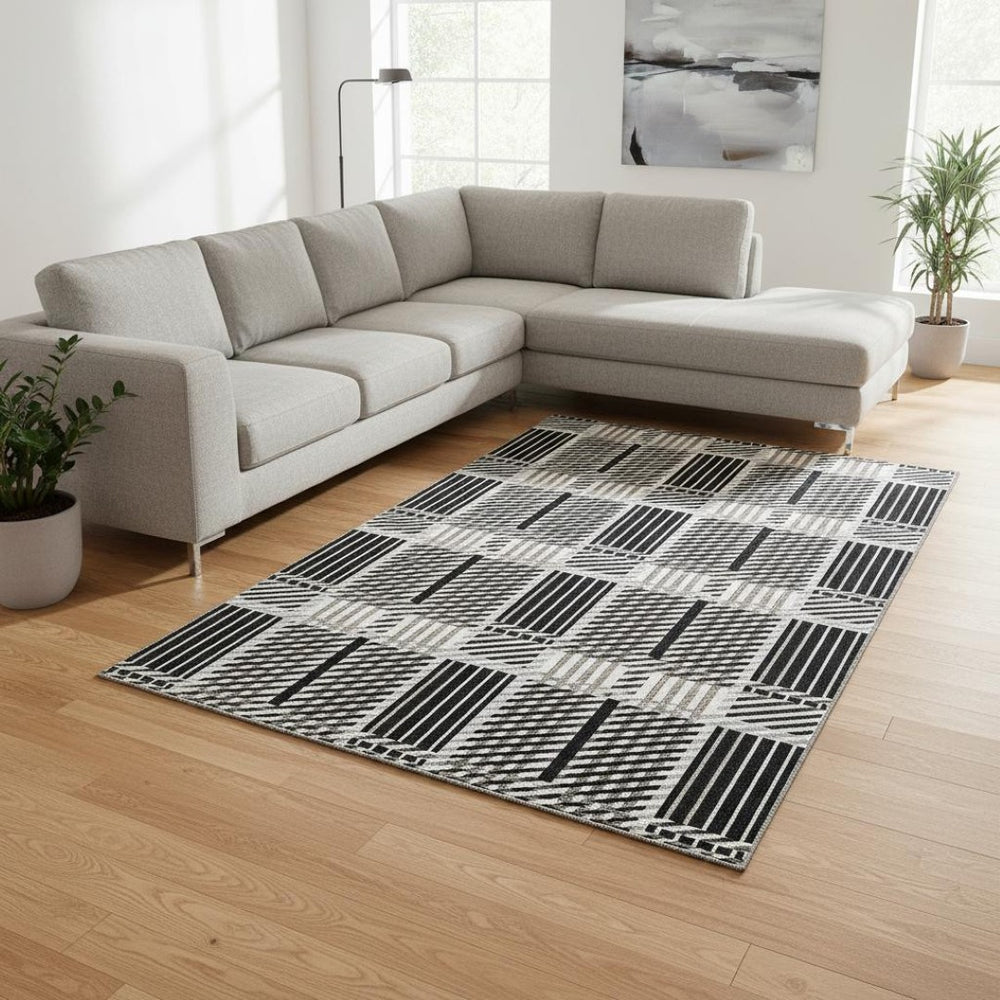 HomeRoots 8' X 10' Stylish Black Ivory Taupe Plaid Washable Area Rug with UV Defense for Busy Homes 678704
