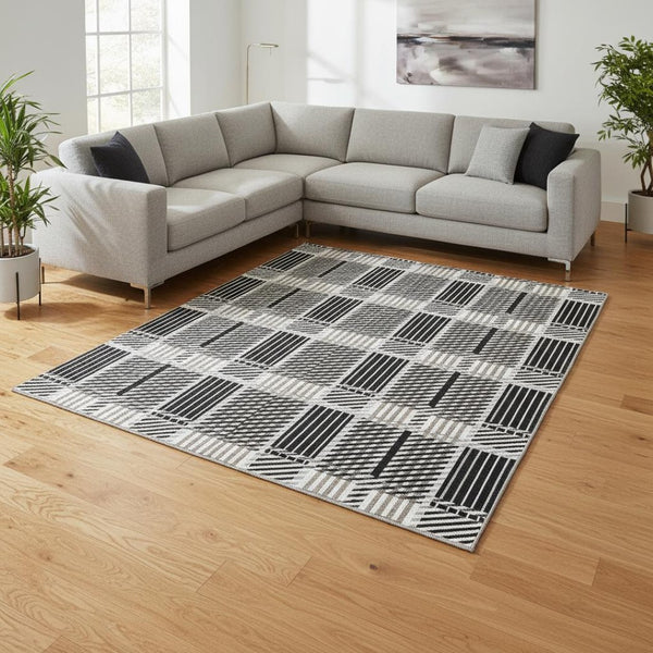 HomeRoots 9' X 12' Washable Plaid Area Rug in Black, Ivory & Taupe – Durable, Stain-Resistant, UV Protected! 678705