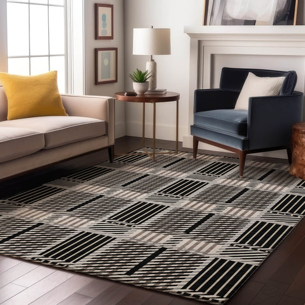 HomeRoots 9' X 12' Washable Plaid Area Rug in Black, Ivory & Taupe – Durable, Stain-Resistant, UV Protected! 678705