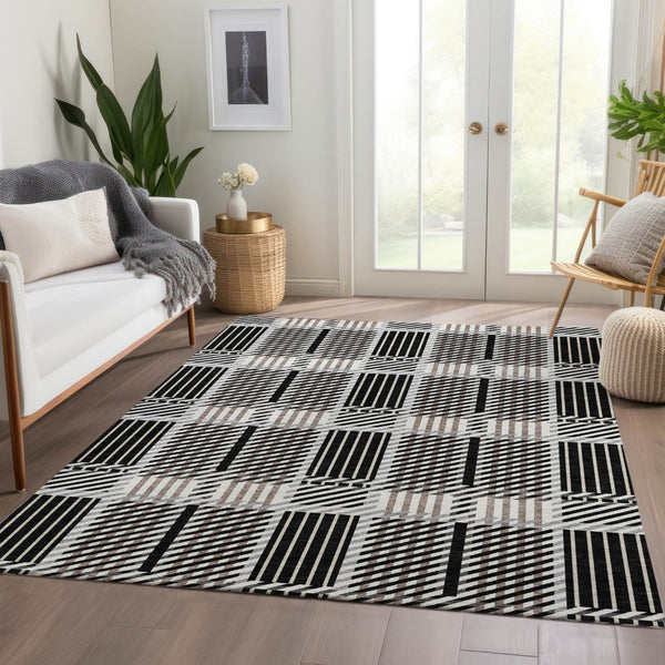 HomeRoots 9' X 12' Washable Plaid Area Rug in Black, Ivory & Taupe – Durable, Stain-Resistant, UV Protected! 678705