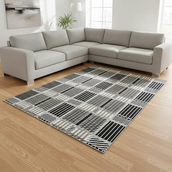 HomeRoots 10' Black Ivory Taupe Plaid Washable Area Rug - Durable, UV Protected, Stain Resistant for Busy Homes 678706