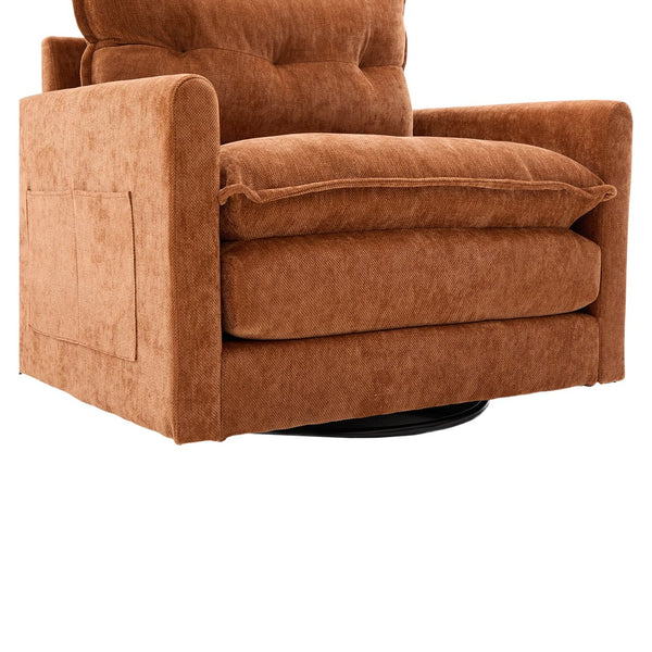 English Elm UNITED Swivel Barrel Chair with Chenille Upholstery, 360° Smooth Rotation, Padded Arm Comfort and Side Pockets for Living Room Relaxation Brown W1568P290084