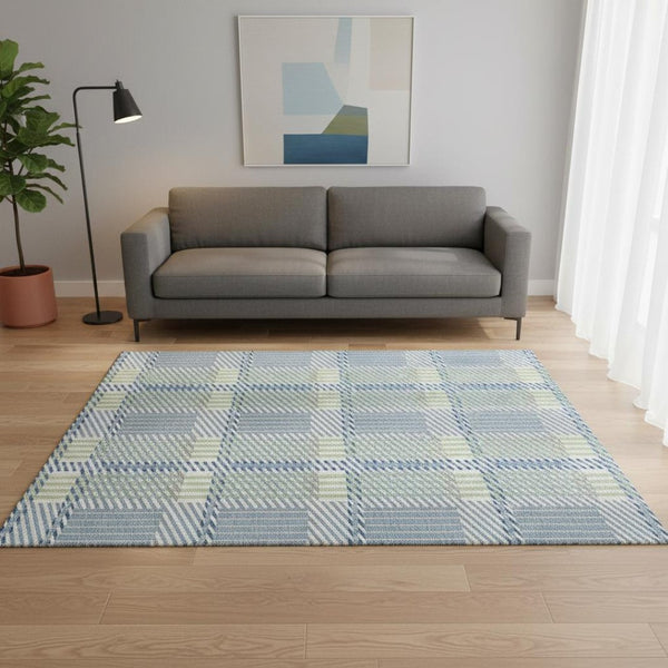 HomeRoots 5' X 8' Stylish Denim Blue Plaid Area Rug - Washable, UV-Protected, Durable for Homes with Kids & Pets 678708