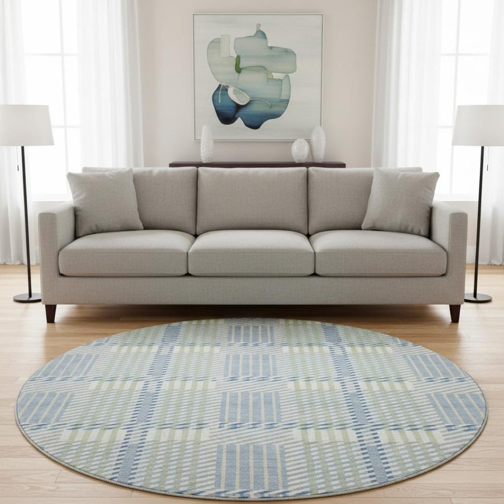HomeRoots 8' Denim Blue Ivory Gray Plaid Washable Round Rug - UV Protected, Stain-Resistant & Durable Design 678709