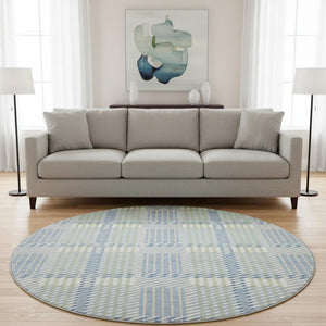 HomeRoots 8' Denim Blue Ivory Gray Plaid Washable Round Rug - UV Protected, Stain-Resistant & Durable Design 678709