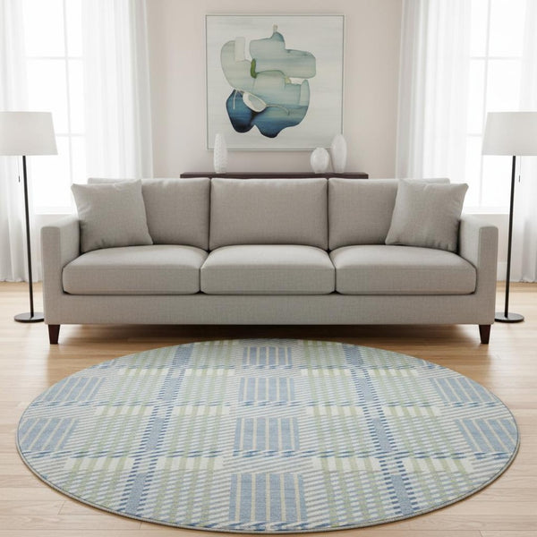 HomeRoots 8' Denim Blue Ivory Gray Plaid Washable Round Rug - UV Protected, Stain-Resistant & Durable Design 678709