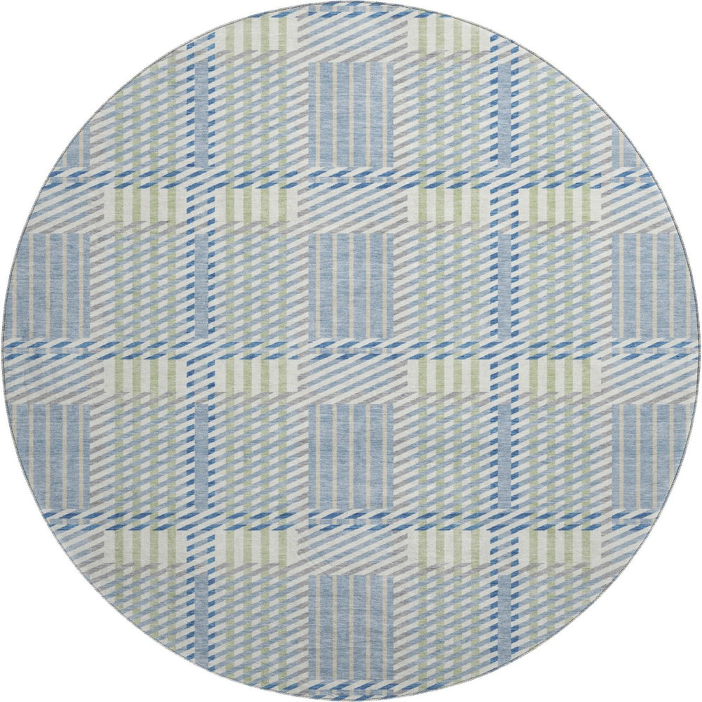HomeRoots 8' Denim Blue Ivory Gray Plaid Washable Round Rug - UV Protected, Stain-Resistant & Durable Design 678709