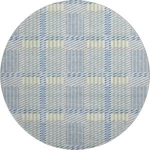 HomeRoots 8' Denim Blue Ivory Gray Plaid Washable Round Rug - UV Protected, Stain-Resistant & Durable Design 678709
