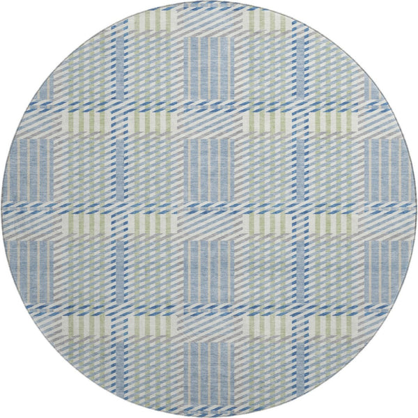 HomeRoots 8' Denim Blue Ivory Gray Plaid Washable Round Rug - UV Protected, Stain-Resistant & Durable Design 678709