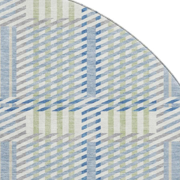 HomeRoots 8' Denim Blue Ivory Gray Plaid Washable Round Rug - UV Protected, Stain-Resistant & Durable Design 678709