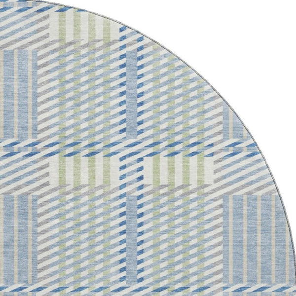 HomeRoots 8' Denim Blue Ivory Gray Plaid Washable Round Rug - UV Protected, Stain-Resistant & Durable Design 678709