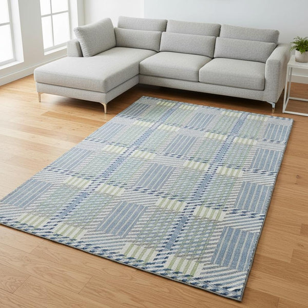 HomeRoots 8' X 10' Denim Blue Ivory & Gray Plaid Washable Area Rug - Durable, Stain-Resistant, UV Protected! 678710