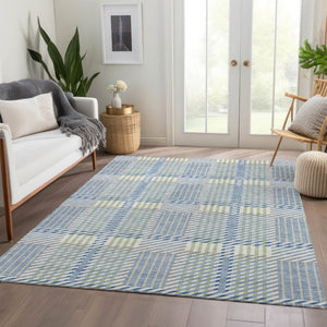 HomeRoots 8' X 10' Denim Blue Ivory & Gray Plaid Washable Area Rug - Durable, Stain-Resistant, UV Protected! 678710
