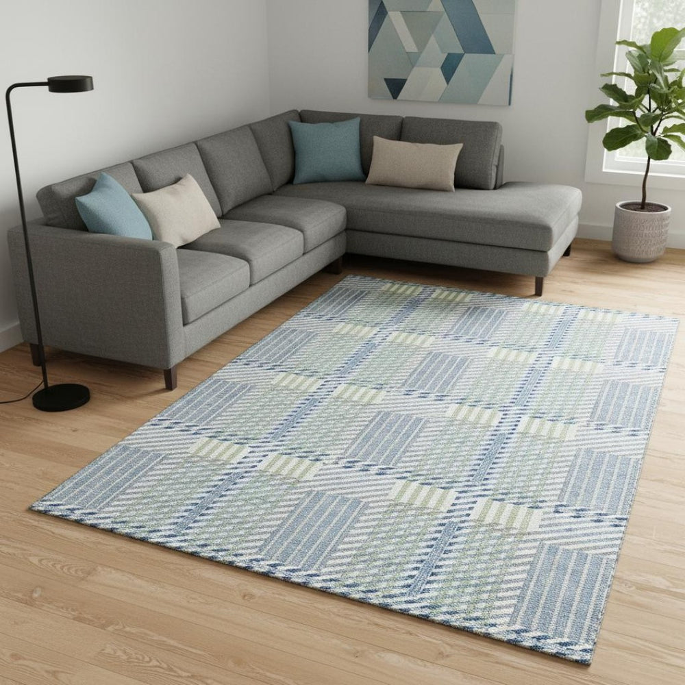 HomeRoots 10' X 14' Denim Blue Plaid Area Rug - Stylish, Washable, UV-Protected, Perfect for Family Spaces! 678712