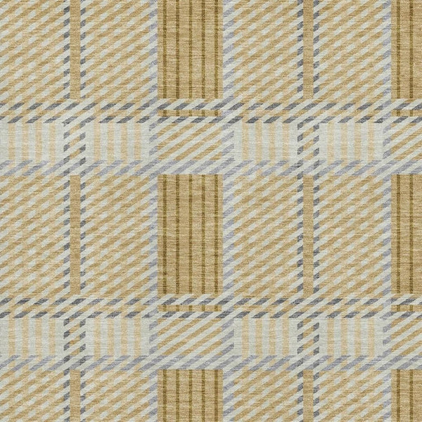HomeRoots 5' Washable Gold Beige and Brown Plaid Area Rug with UV Protection – Perfect for Family Spaces! 678714