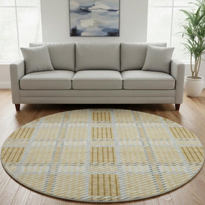 HomeRoots 8' Gold Beige and Brown Plaid Round Rug - Washable, UV Protected, Perfect for Family Spaces! 678715