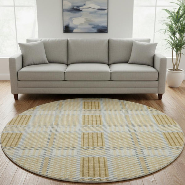 HomeRoots 8' Gold Beige and Brown Plaid Round Rug - Washable, UV Protected, Perfect for Family Spaces! 678715