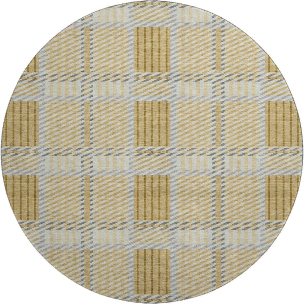HomeRoots 8' Gold Beige and Brown Plaid Round Rug - Washable, UV Protected, Perfect for Family Spaces! 678715