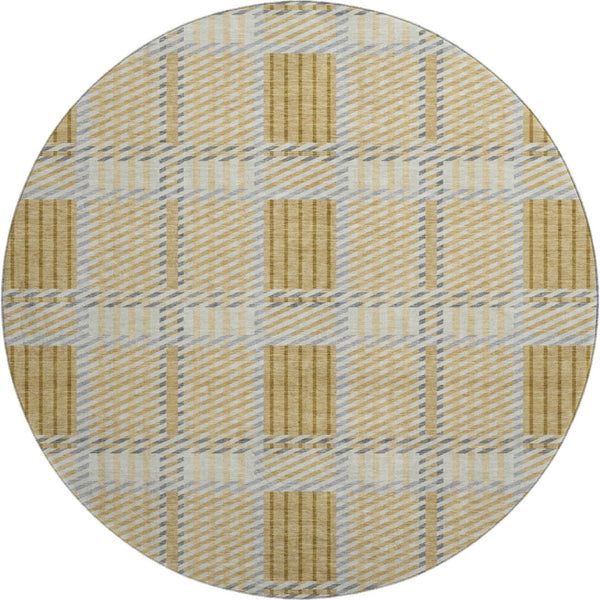 HomeRoots 8' Gold Beige and Brown Plaid Round Rug - Washable, UV Protected, Perfect for Family Spaces! 678715