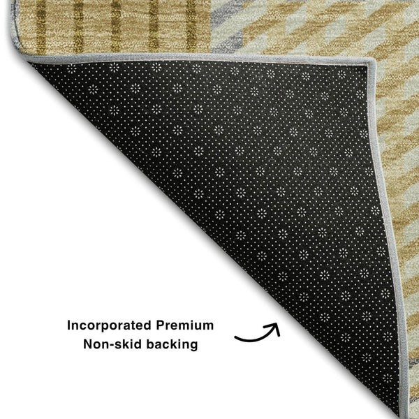 HomeRoots 8' Gold Beige and Brown Plaid Round Rug - Washable, UV Protected, Perfect for Family Spaces! 678715