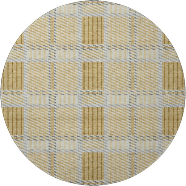 HomeRoots 8' Gold Beige and Brown Plaid Round Rug - Washable, UV Protected, Perfect for Family Spaces! 678715