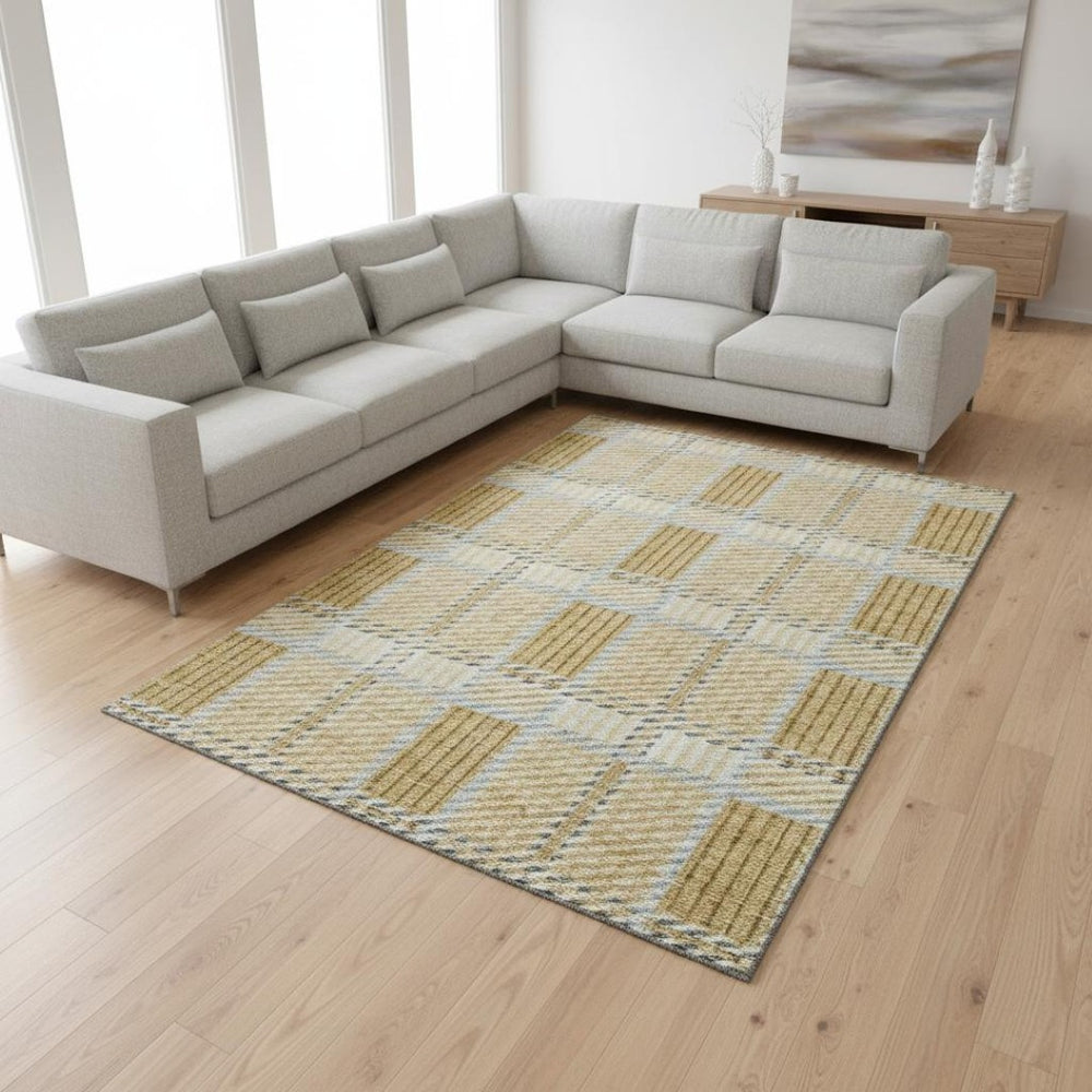 HomeRoots 8' X 10' Gold Beige and Brown Plaid Washable Area Rug - Stain Resistant, UV Protected, Stylish Decor 678716