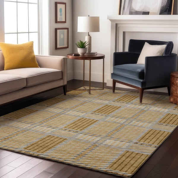 HomeRoots 8' X 10' Gold Beige and Brown Plaid Washable Area Rug - Stain Resistant, UV Protected, Stylish Decor 678716