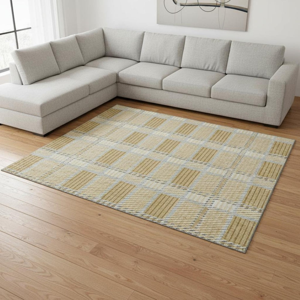 HomeRoots 9' X 12' Gold Beige Brown Plaid Area Rug - Washable, UV-Protected, Durable & Stylish for Family Spaces 678717