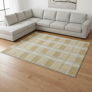 HomeRoots 9' X 12' Gold Beige Brown Plaid Area Rug - Washable, UV-Protected, Durable & Stylish for Family Spaces 678717