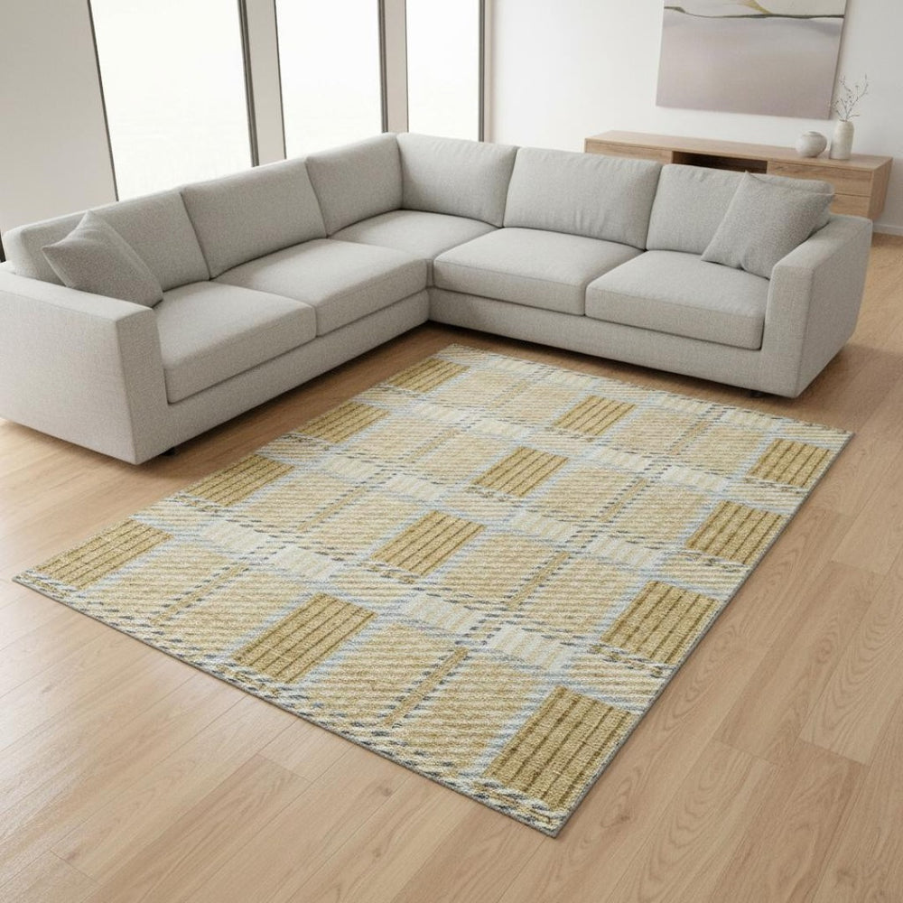 HomeRoots 10' X 14' Gold Beige & Brown Plaid Washable Area Rug - Durable, Stylish, UV Protected for Homes! 678718