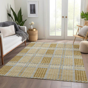 HomeRoots 10' X 14' Gold Beige & Brown Plaid Washable Area Rug - Durable, Stylish, UV Protected for Homes! 678718