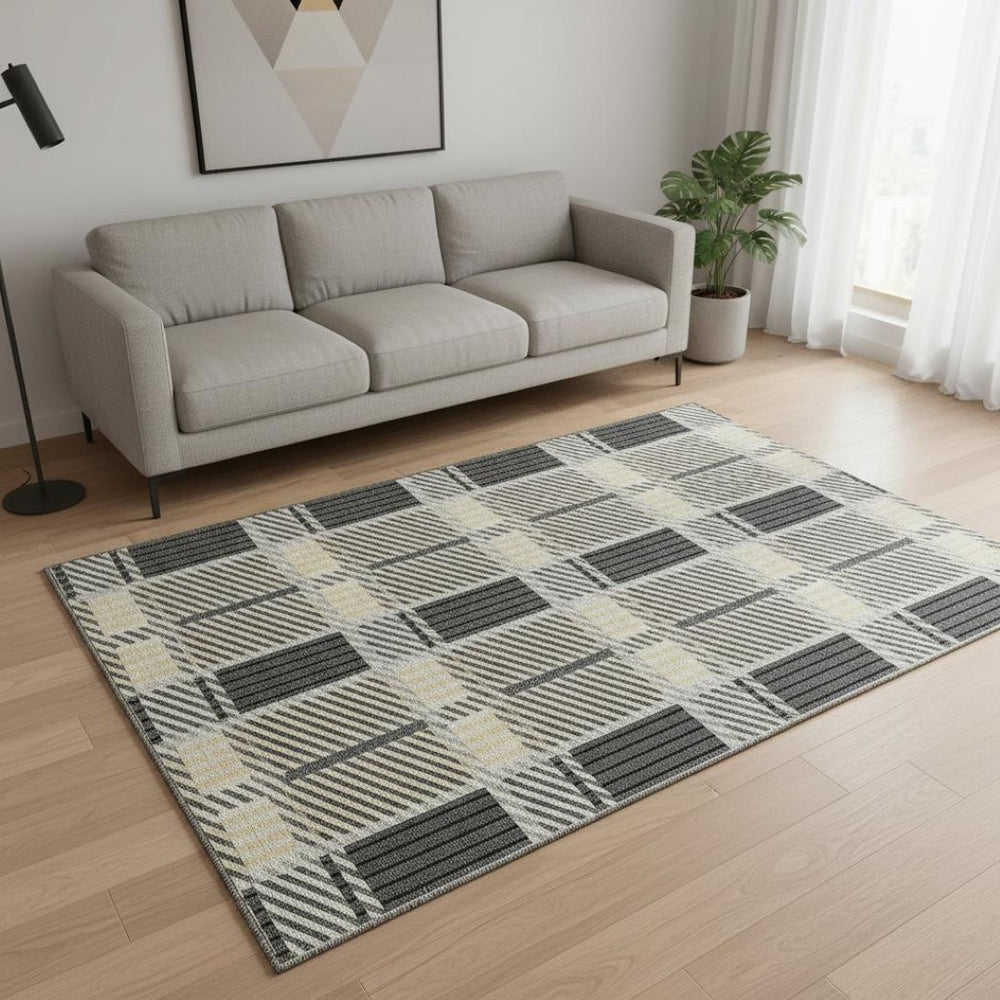 HomeRoots 5' X 8' Gray Beige Ivory Plaid Area Rug - Durable, Washable & UV-Protected for High-Traffic Spaces 678720